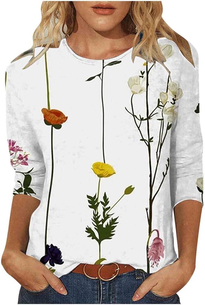DASAYO Round Neck Vintage Floral Tops for Women Trendy Clothing Spring 3/4 Sleeves Casual Shirts