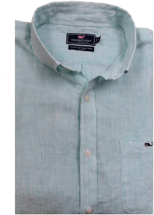 Vineyard Vines Cooper's Town Stripe Classic Linen Tucker Shirt Antigua Green XS