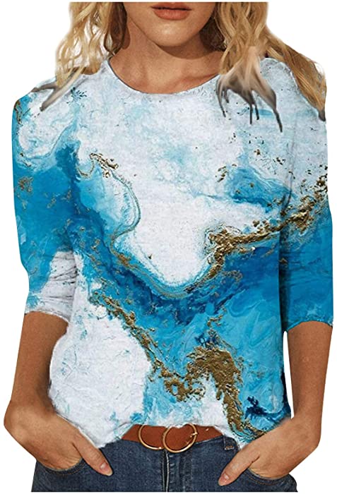 Summer 3/4 Sleeve Shirt Landscape Painting Pattern Top for Womens Three Quarter Sleeve Pullover Round Neck Tee