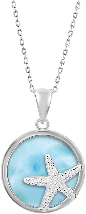 Natural Larimar Necklace Sterling Silver Gemstone Pendant Circle, Star Fish, Wave, Turtle, or Palm Tree Dainty Necklace for Women