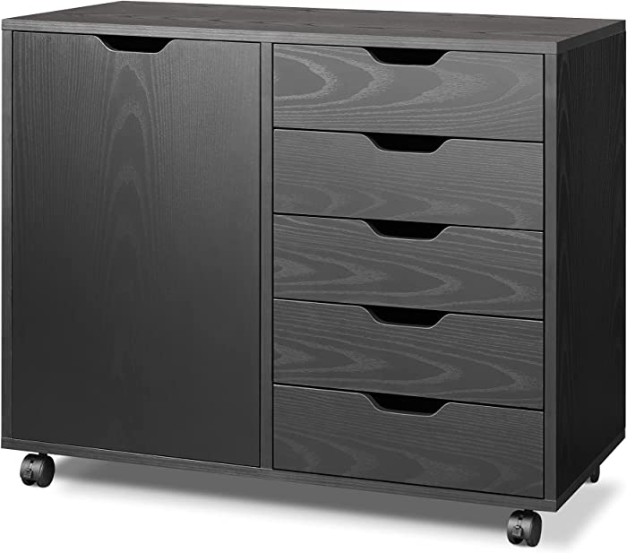 DEVAISE 5-Drawer Wood Dresser Chest with Door, Mobile Storage Cabinet, Printer Stand for Home Office, Black
