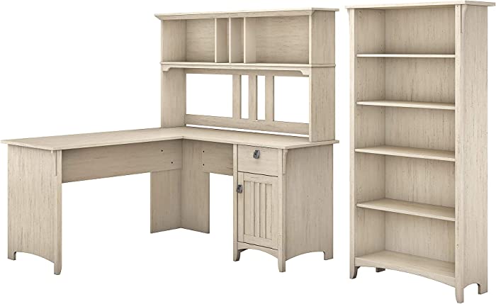Bush Furniture Salinas L Shaped Desk with Hutch and 5 Shelf Bookcase, 60W, Antique White