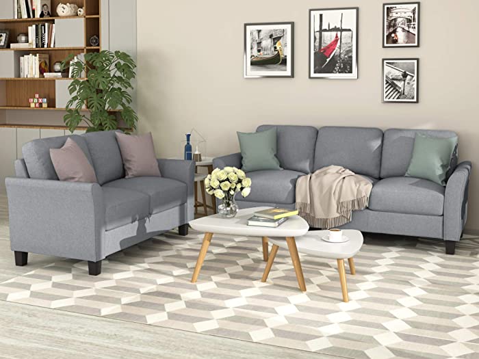 Sofa and Loveseat Set,JULYFOX 2 Piece Living Room Furniture Set Tufted Linen Fabric 3 Seater Couch and 2 Seater Loveseat Set-Gray