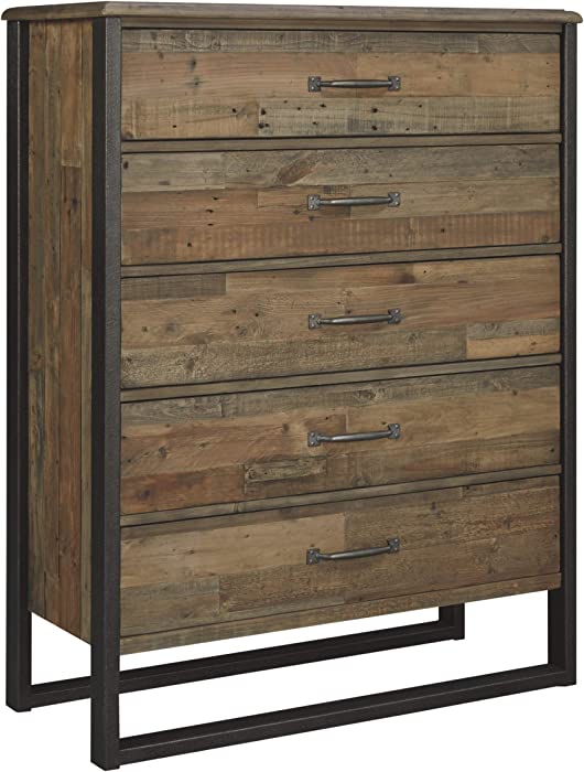 Signature Design by Ashley Sommerford Industrial Farmhouse 5 Drawer Chest with Dovetail Construction, Butcher-Block Brown, Black
