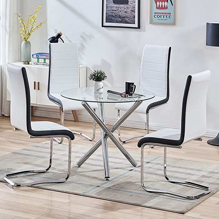 Stylifing Dining Room Set Round Clear Glass Top Crisscrossing Chrome Metal Legs Kitchen Table and 4 Modern High Back White Faux Leather Chairs Home Kitchen Office Waiting Room Use