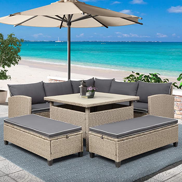 STARTOGOO 6-Piece Wicker Patio Conversation Set Outdoor, Rattan Sectional Sofa with Table and Benches for Backyard, Garden, Poolside, Gray