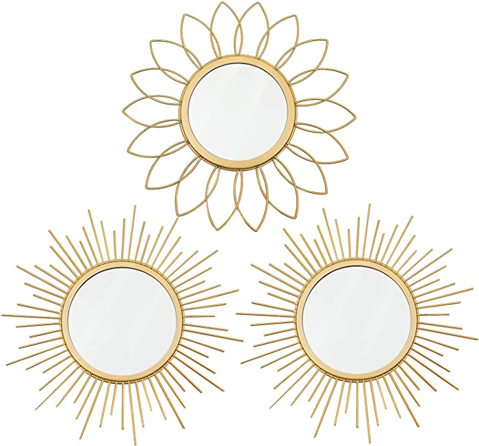 3 Pack Gold Mirrors for Wall Metal Sunburst Wall Mirrors Home Décor Decorative Hanging Wall Art for Living Room Bedroom Entryway