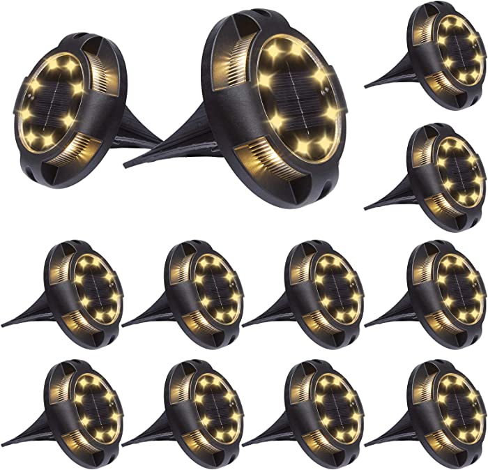 Solar Ground Lights Outdoor 12 Packs 12 Disk Lights Solar Powered Waterproof New In-ground Lights for Garden Deck Stair Step Lawn Patio Driveway Walkway Pathway Yard Decoration (Warm Light, 12 Pack)