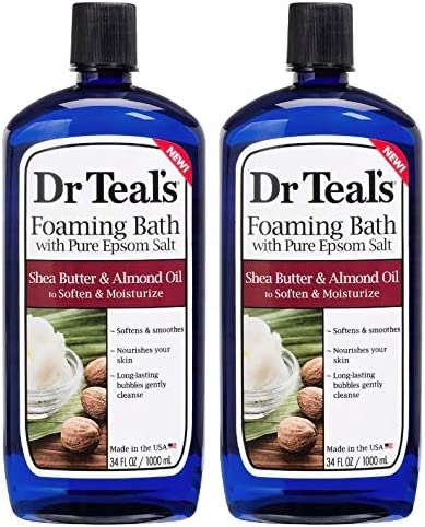Dr Teal's Epsom Salt Moisturizing Shea Butter and Almond Oil Foaming Bath - Protect and Nourish Skin - Pack of 2, 34 Oz ea - Relieve Stress and Sore Muscles, Long Lasting Bubbles