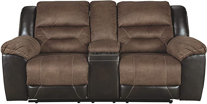Signature DESIGN BY ASHLEY Earhart Faux Leather Manual Double Reclining Loveseat with Storage Console, Brown.