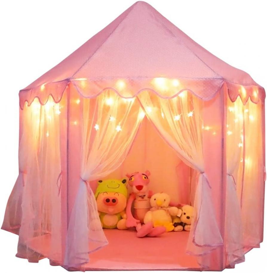 ORIAN Princess Castle Playhouse Tent for Girls with LED Star Lights – Indoor & Outdoor Large Kids Play Tent for Imaginative Games – ASTM Certified, Princess Tent, 230 Polyester Taffeta. Pink 55"x53".