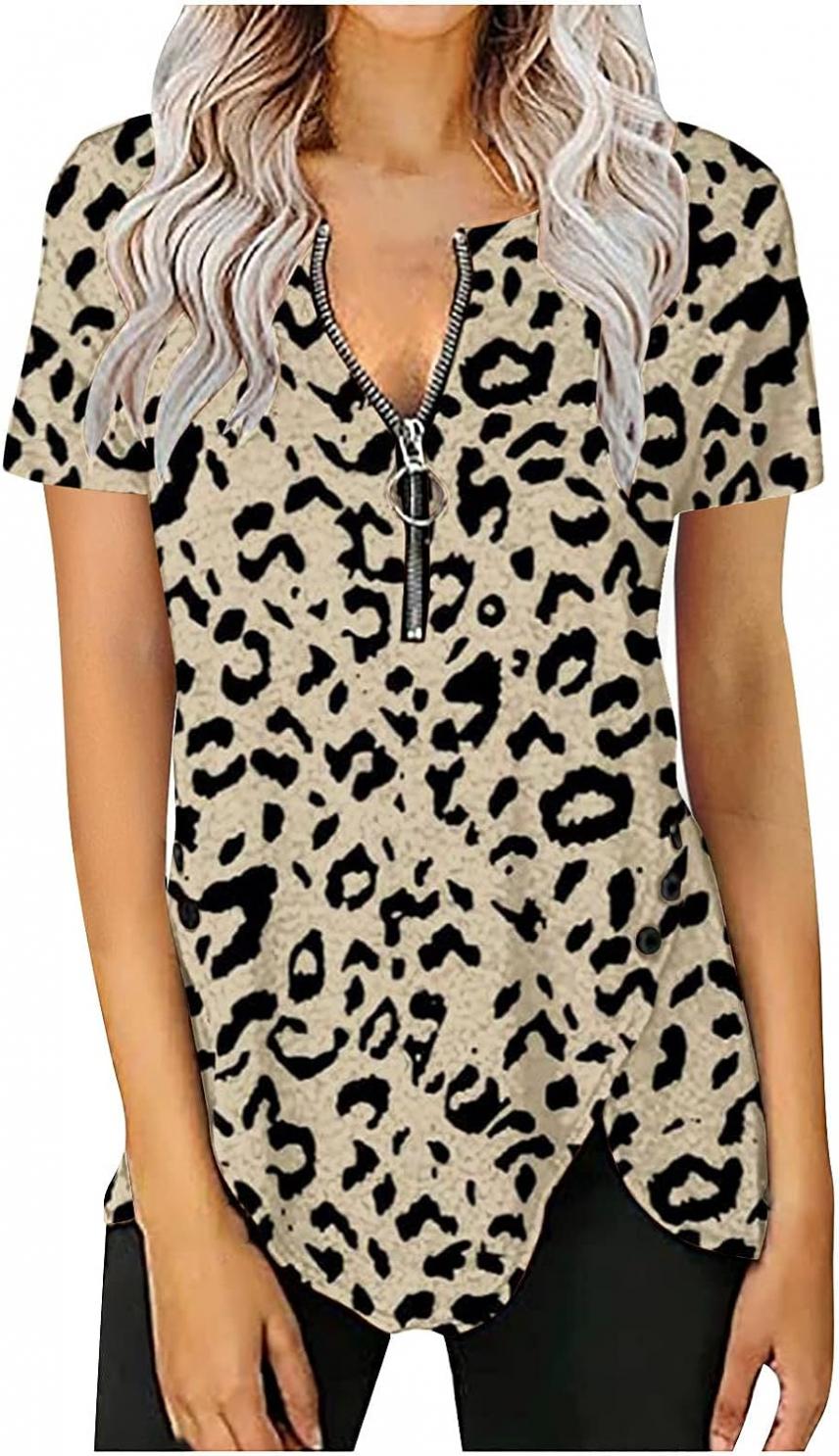 Womens Zipper Tops 2023 Summer Casual Dressy Short Sleeve 1/4 Zip Up V Neck T Shirts Irregular Hem Side Button Tunic