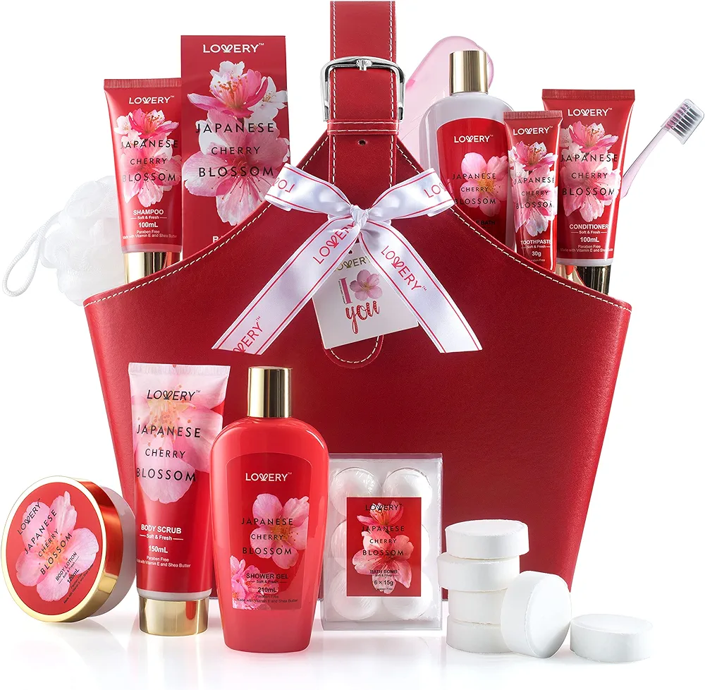 Christmas Home Spa Kit Gift Set, Japanese Cherry Blossom Bath Set, 25Pcs Shower Gel Body Lotion Shower Steamers Shampoo Tooth Paste & Brush in Leather Tote Bag Luxury Bath & Shower Package for Women