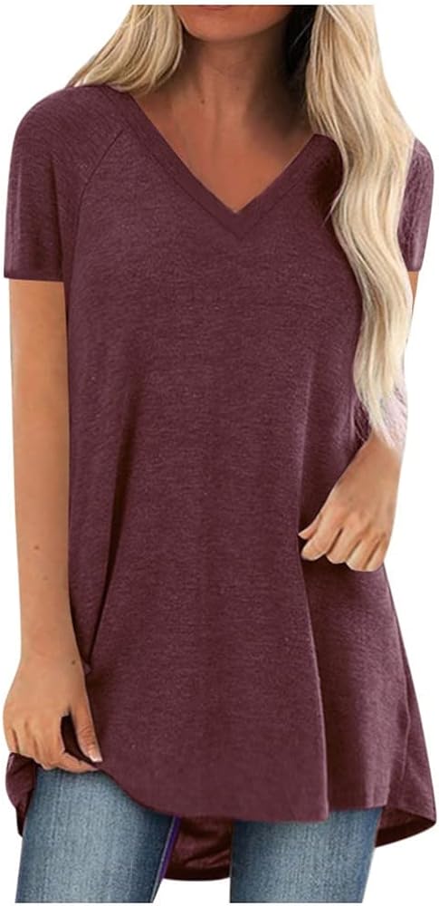 DASAYO Womens Tunic Tops to Wear with Leggings Loose Fit Solid Color Casual Top Blouses Short Sleeve Going Out Summer Shirt