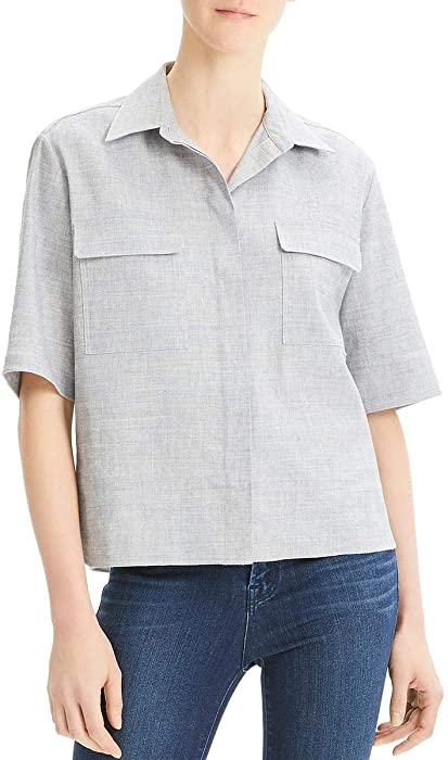 Theory Womens Linen Blend Collared Button-Down Top