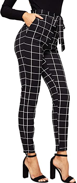 WDIRARA Women's Stretchy Plaid Print Pants Soft Skinny Regular Fashion Leggings