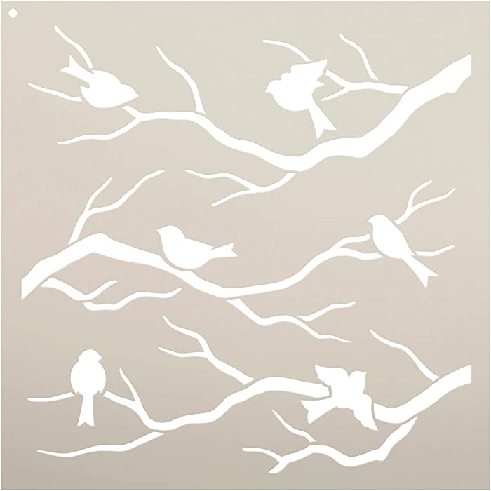 Birds Tree Branches Stencil by StudioR12 | Reusable Mylar Template | Paint DIY Nature Home Decor Wood Signs - Furniture - Pillows - Scrapbook - Cards - Nursery | Craft Wall Art | Choose Size (9" x 9")