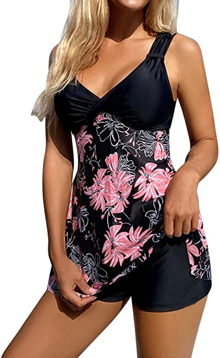 Smooto Bikini Set Women Floral Printed Split Tankini Set Padded Tank Tops with High Waist Boyshorts Swimsuit Beachwear