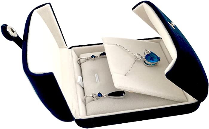 Double Function Navy Blue Velvet Pendant Earrings Necklace Gift Box Double Layer Fine Material Modern Elegant (Jewelry is not included)