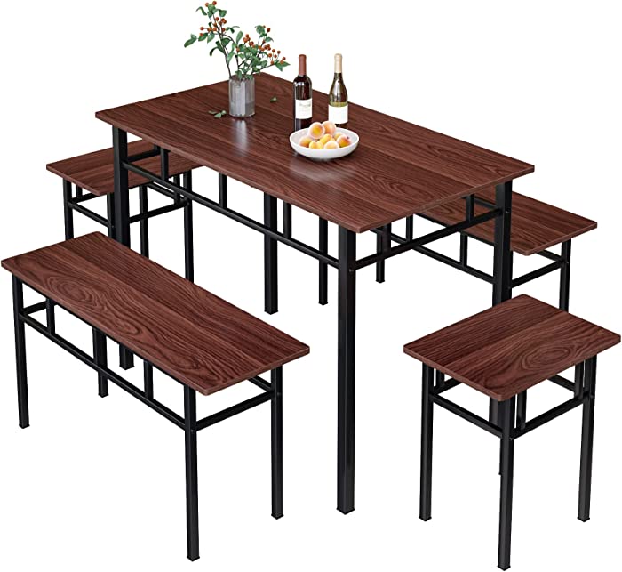 Dining Table Set for 4 Kitchen Table with Bench 5 Pieces Modern Wood Table Top Kitchen Dining Room Furniture Set, Metal Frame 42.5’’L x 23.8’’W x 29.5’’H, Brown