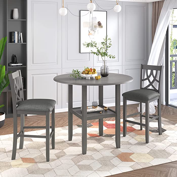 Wood Round Dining Table Set, 3 Piece Round Counter Height Kitchen Dining Table Set with Drop Leaf Table, One Shelf and 2 Cross Back Padded Chairs, Breakfast Table and Chair Set