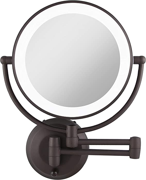 Zadro 9 Inch Wall Mount Beauty Mirror, LED Light Ring, Extendable Arm, Dual Side Optical Glass Mirrors, Cordless w/ Batteries or A/C Adapter, Easy to Install, Plug Included (10X/1X, Oil-rubbed Bronze)