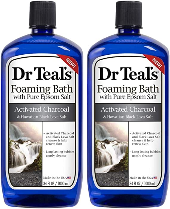 Dr Teal's Epsom Salt Activated Charcoal & Hawaiian Black Lava Salt Foaming Bath - Pack of 2, 34 Oz ea - Detoxify and Moisturize Your Skin, Relieve Stress and Sore Muscles, Long Lasting Bubbles