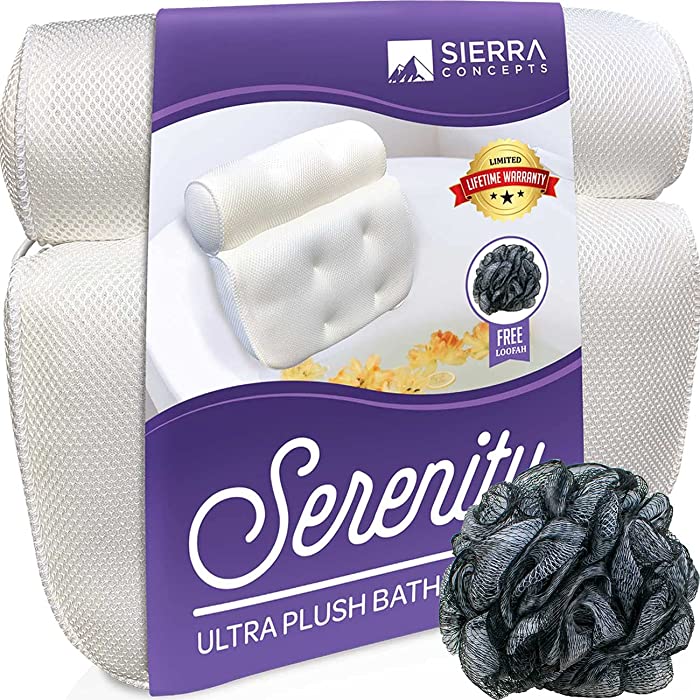 Sierra Concepts Bath Pillow and Loofah Sponge for Tub, Headrest, Bathtub, Spa, Back, Shoulder, Neck, Ergonomic Luxury for Women and Men, Serenity Edition