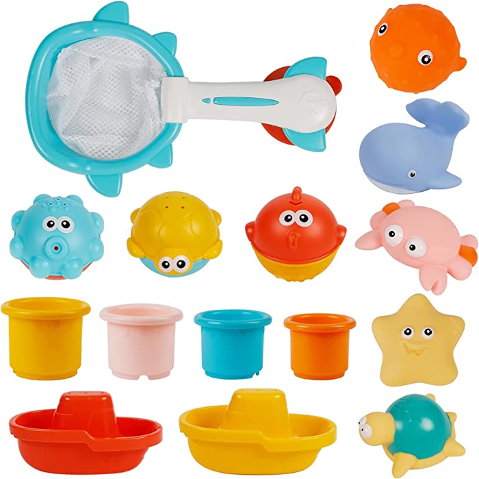 Dynaming 15 Pcs Baby Bath Toys, Toddlers Bathtub Water Pool Toy Floating Boats Stacking Cups Cute Animals for Bathroom 1 2 3 Years Kids Gifts