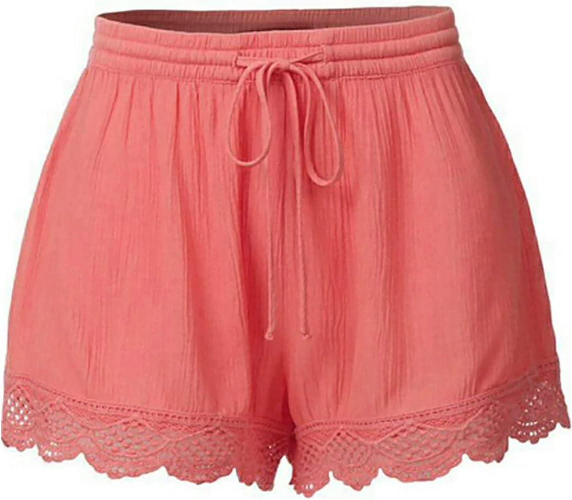 Cotton Shorts for Woman Vintage Solid Drawstring High Waist Lounge Short Pants Comfy Linen Cotton Homewear with Lace Hem