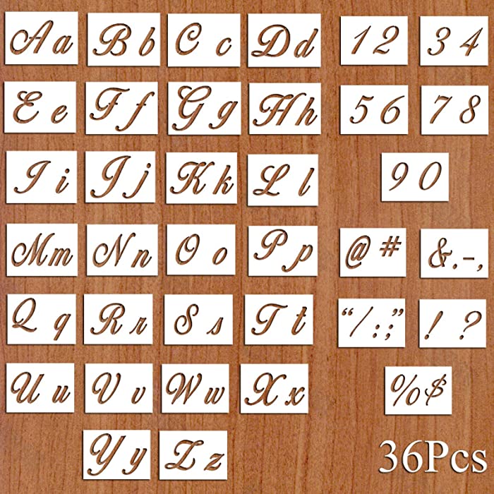 Letter Stencils for Painting on Wood - Alphabet Templates with Calligraphy Font Upper and Lowercase Letters - Reusable Plastic Art Craft Stencils with Numbers and Signs - Set of 36 PCs 8.27"x5.87" (A)