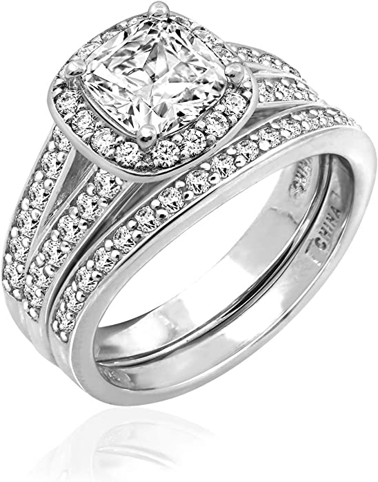 Amazon Collection Platinum-Plated Sterling Silver Infinite Elements Zirconia Cushion Halo Ring Set