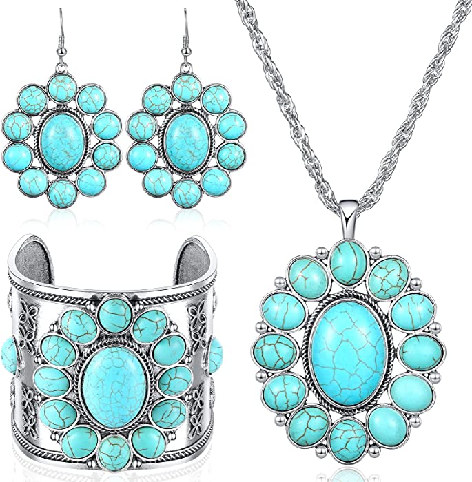 3 Pcs Turquoise Jewelry Set Oval Floral Pendant Necklace Flower Dangle Earrings Turquoise Cuff Bracelet for Women Boho Gift