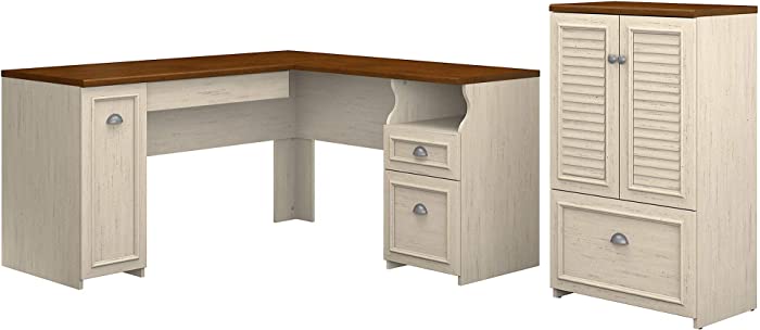 Bush Furniture Fairview 60W L Shaped Desk and Storage Cabinet with Drawer in Antique White and Tea Maple