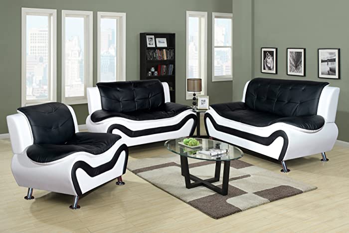 Beverly Fine Furniture 3 Piece Aldo Modern Sofa Set, Black/White