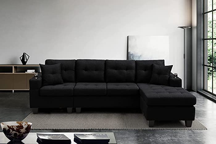 GAOPAN New L-Shaped 4 Seater Sectional Sofa Couch with 2 Cup Holders and Reversible (Left or Right) Chaise Lounge for Home Apartment Living Room Furniture Set Grey/Black