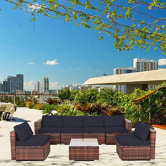Wicker Patio Outdoor Conversation Furniture Set 7PCS Sectional Sofa All-Weather Brown Rattan Seating Sets with Washable Cushions Glass Coffee Table(Blue Cushion)