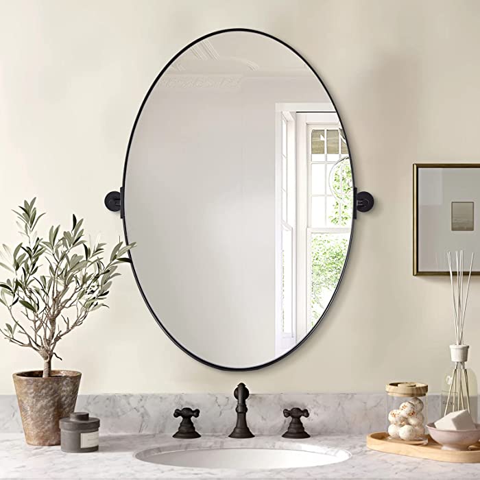 ANDY STAR Pivot Mirror, Black Oval Pivot Bathroom Mirror, Oval Matte Black Mirror Stainless Steel Metal Frame Tilting Vanity Wall Mirror Hangs Vertical
