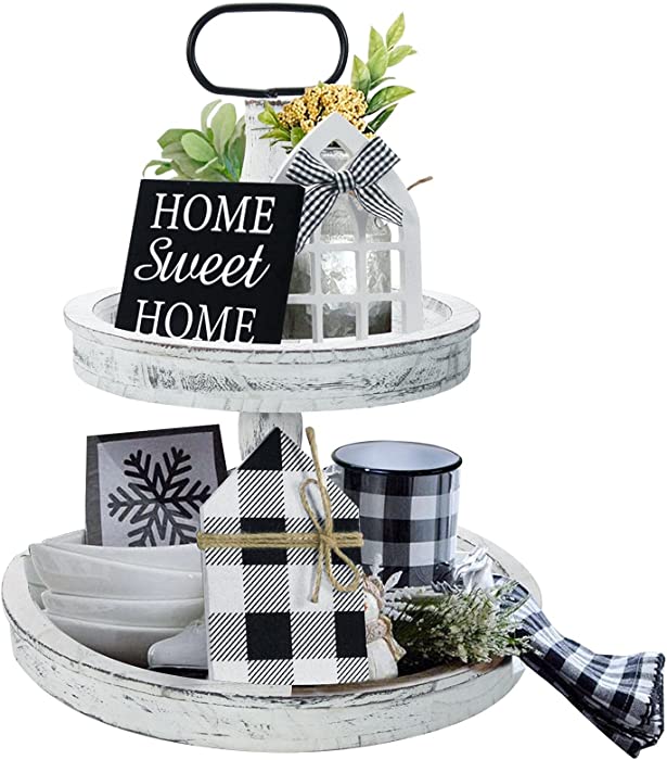 Farmhouse Decor, Two Tiered Tray White with 3 Wood Cute Signs, Wooden Rustic Modern Decorations Items for Home Kitchen Shelf Coffee Bar Table