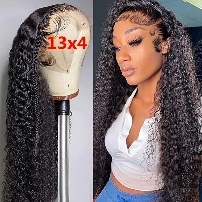 Kiss Love Deep Wave Lace Front Wigs Human Hair 13x4 Lace Front Wigs Human Hair Pre Plucked Curly Wigs for Black Women 150% Density Brazilian Virgin with Natural Baby Hair Natural Color（24Inch）