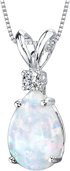 Peora Created White Opal with Genuine Diamond Pendant in 14K White Gold, Elegant Teardrop Solitaire, Pear Shape, 10x7mm, 1 Carat total