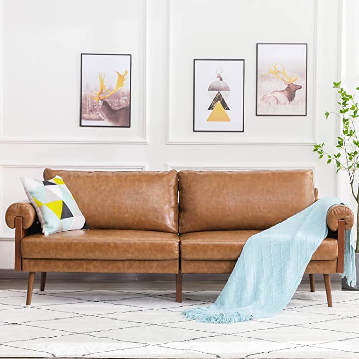 Vonanda 75" Mid-Century 3-Seater Sofa, Modern Upholstered Faux Leather Sofas Couch, The Couch for Living Room Furniture with Round Arms and Metal Legs, Caramel