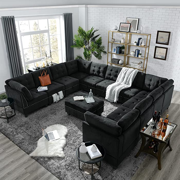 Melpomene 142'' U-Shape Velvet Sectional Sofa Couch，DIY Combination Includes 7 Single Chair 4 Corner and 1 Ottoman, Living Room Furniture Set for Villa & House