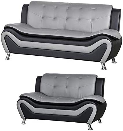 2 Piece Living Room Set with 2 Tone Sofa and Armchair in Black/Gray