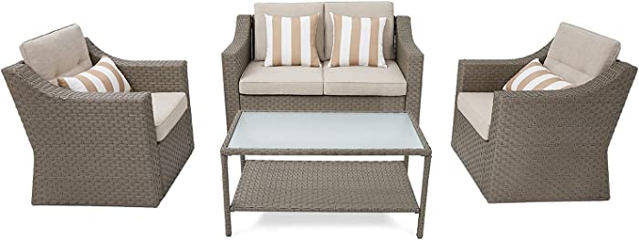 SOLAURA Outdoor Patio Furniture Set 4-Piece Conversation Set All Weather Wicker Furniture Sofa Set with Sophisticated Glass Coffee Table-Grey