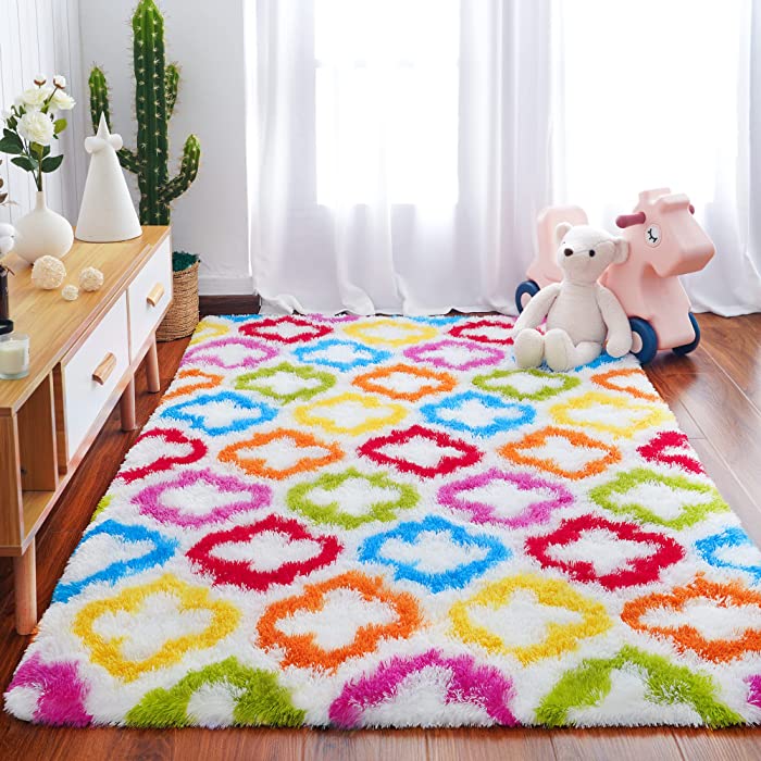 Tepook Fluffy Colorful Rug for Kids, Shaggy Soft Rainbow Area Rugs for Girls Bedroom, Indoor Modern Geometric Moroccan Rugs Plush Girls Kids Rug for Playroom Teens Room Nursery Home Decor, 4 X 6 ft