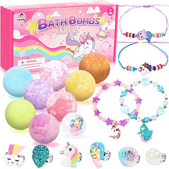 Bath Bombs for Kids with Surprise Inside, 8 Pack Bath Bomb Gift Set with Unicorn Mermaid Rings Bracelets, Handmade Bubble Spa Bath Fizzies Set, Bath Bombs with Jewelry for Women Girls Birthday Gift