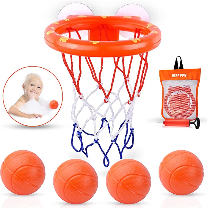 MARPPY Bath Toys, Bathtub Basketball Hoop for Toddlers Kids, Boys and Girls with 4 Soft Balls Set & Strong Suction Cup, Bathtub Shooting Game & Fun Toddlers Bath Toys for Boys or Girls