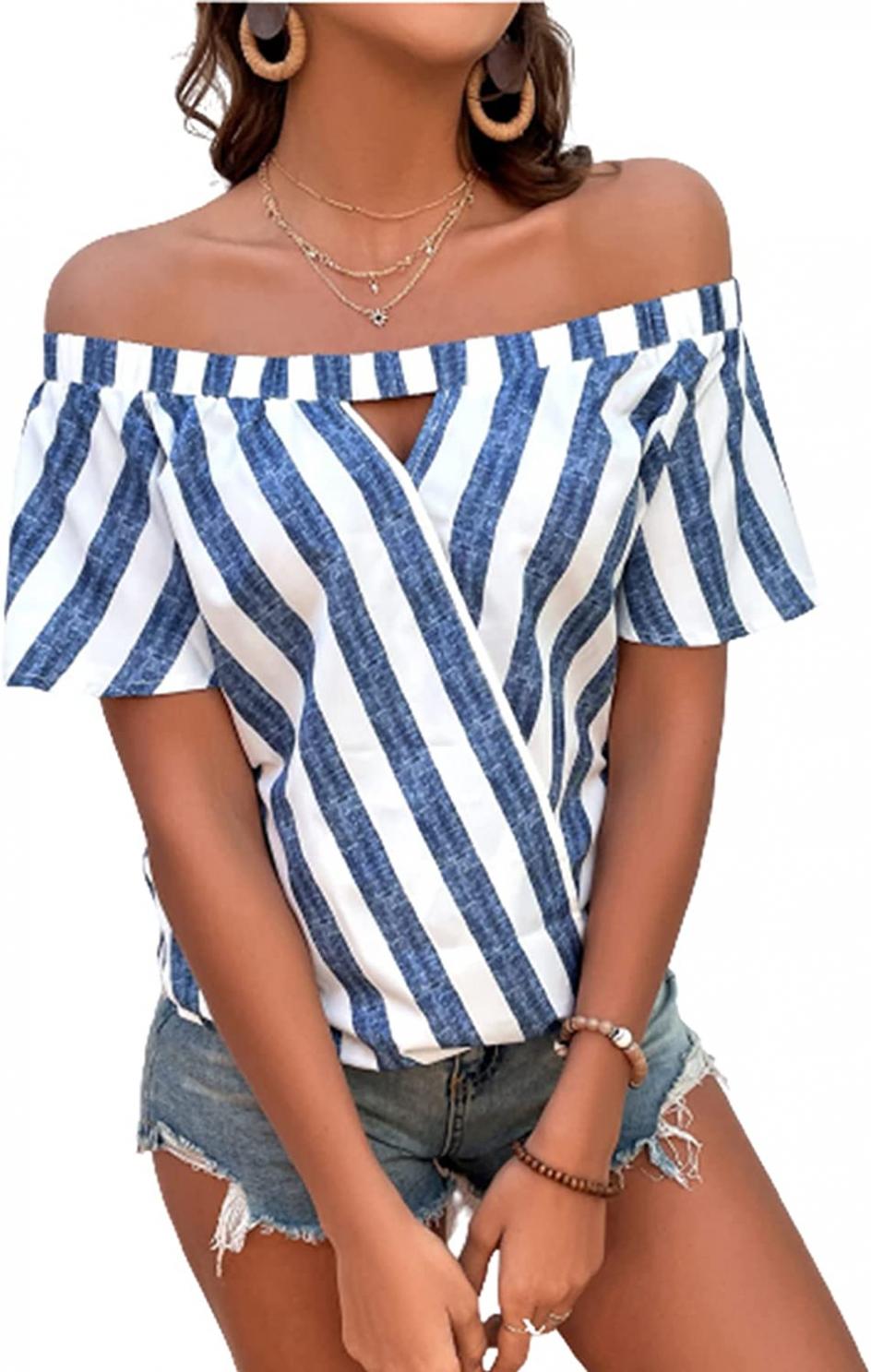 SheIn Women's Striped Off Shoulder Short Sleeve Cut Out Wrap Blouse Shirt Tops