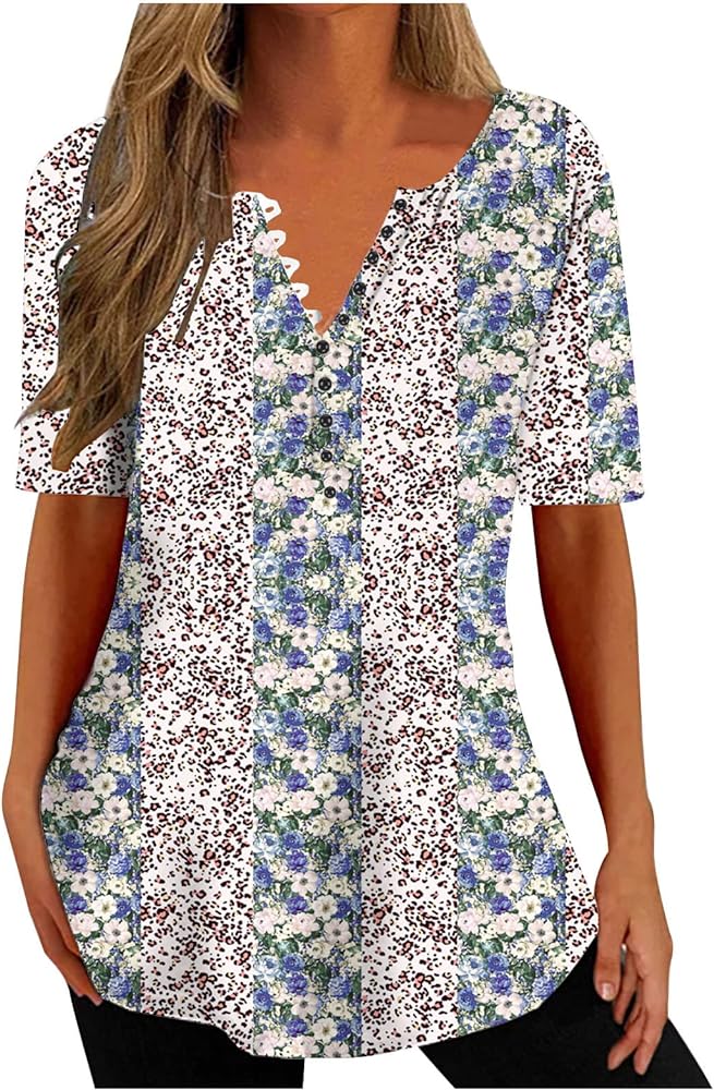 SMIDOW Tunic Tops for Women Loose Fit Short Sleeve Henley Shirts Bohemian Floral Print v Neck t-Shirt Blouse Dressy Casual